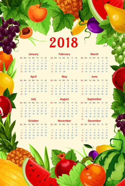 Wektor kalendarz 2018 świeże tropikalne owoce egzotyczne — Wektor stockowy