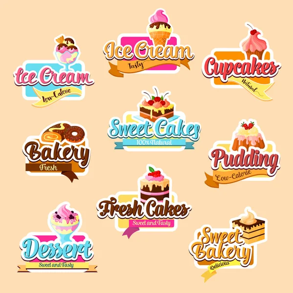 Bakery shop pastry desserts vector stickers set — Stock Vector
