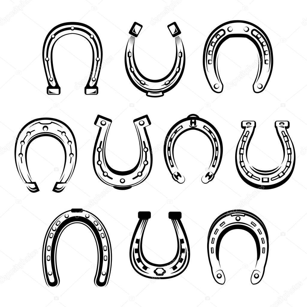 Horseshoe vector sketch icons set. Isolated horse metal retro shoe for mustang or stallion hoof forged by blacksmith with holes for nails. Symbols of Good Luck for talisman or heraldic mascot