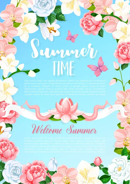 Sommartid blommar hälsning vektor affisch — Stock vektor