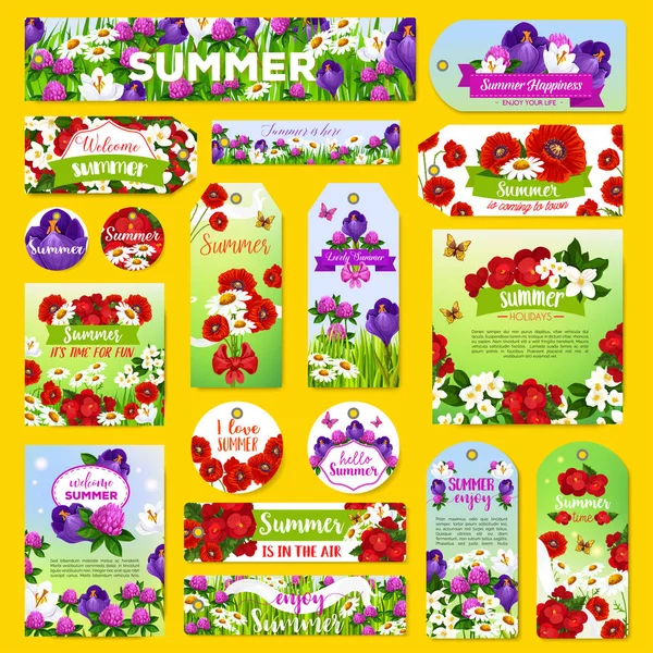 Vector flores de verão saudação etiquetas ou banners set — Vetor de Stock