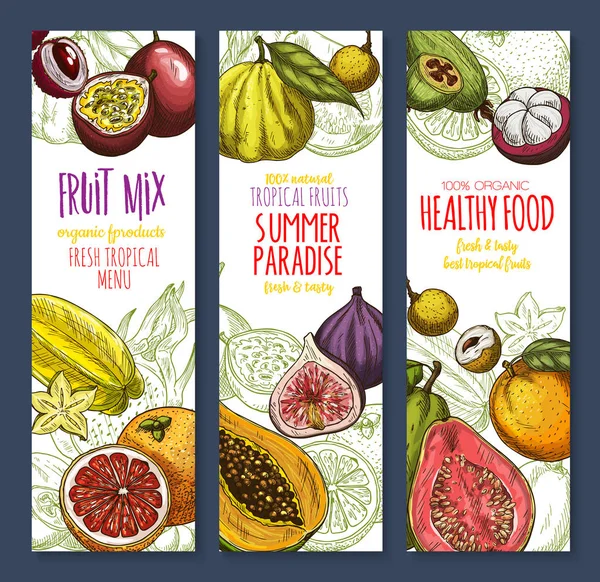 Vector banners van exotische vers tropisch fruit mix — Stockvector