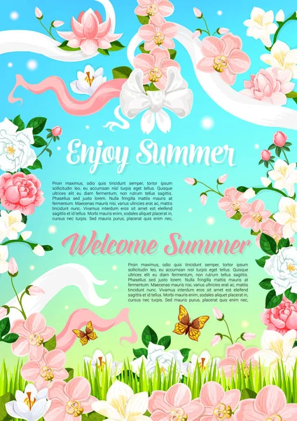 Sommarblommor, floral buketter vektor affisch — Stock vektor
