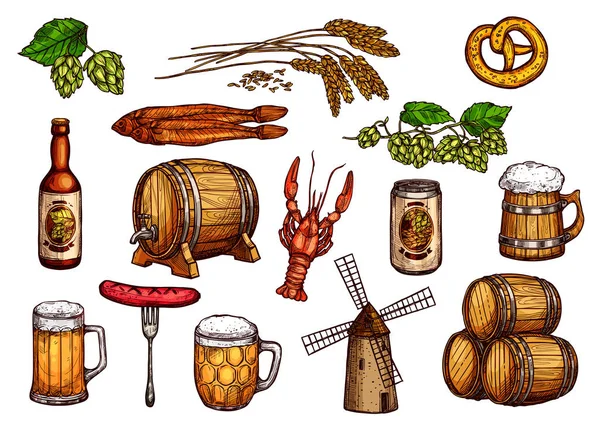 Vector bosquejo iconos conjunto de bocadillos de cerveza y cervecería — Vector de stock