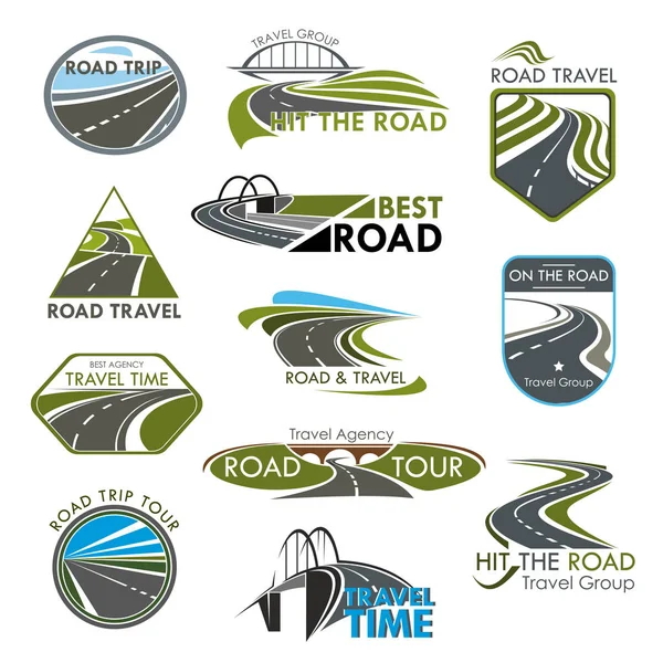 Icone vettoriali viaggio su strada o società di viaggi turistici — Vettoriale Stock