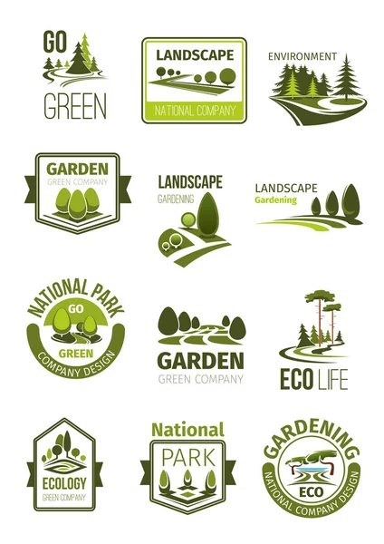 Green landscape and gardening company vector icons — Stock Vector