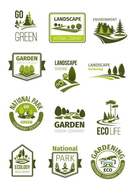 Paisaje verde e iconos vectoriales de la empresa de jardinería — Archivo Imágenes Vectoriales