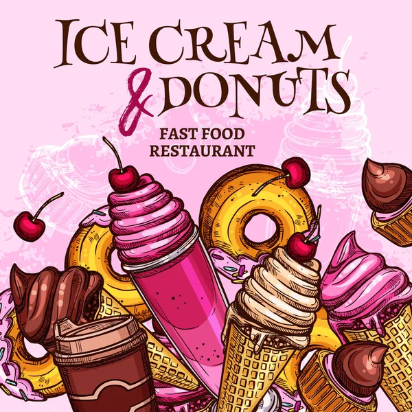 Fast food ice cream and donuts vector poster — Stock Vector