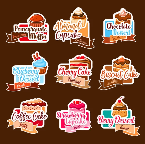 Bakery shop vector stickers for dessert cakes — Stock Vector