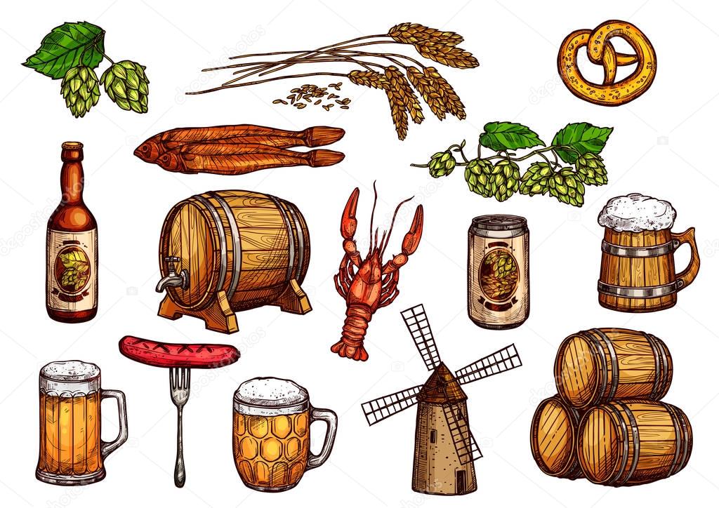 Vector sketch icons set of beer snacks and brewery