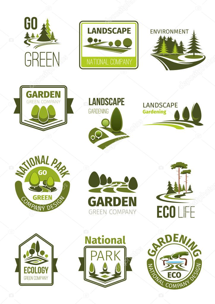 Garden and green landscape design company icons set. Vector symbols of parks and squares, nature greenery landscape of eco woodland and parkland forest for green environment and landscaping