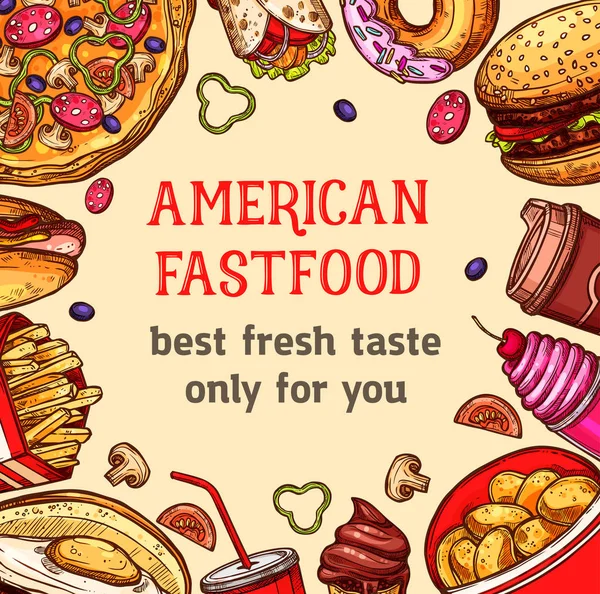 Векторный плакат быстрого питания из блюд и десертов — стоковый вектор
