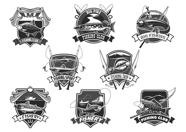 Набор векторных значков для рыболовного или рыболовного спортивного клуба
