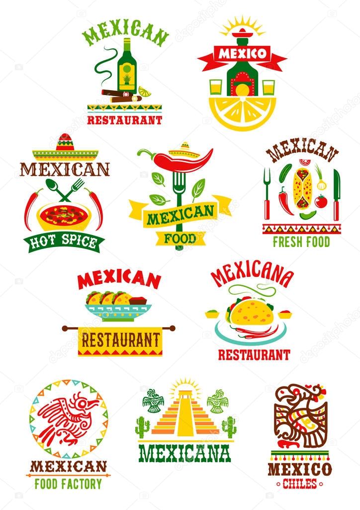 Mexican restaurant or fast food bar icons set. Vector isolated symbols of sombrero and agave cactus, tequila bottle and burrito or nachos in salsa sauce or soup, spicy chili pepper for Mexico cuisine