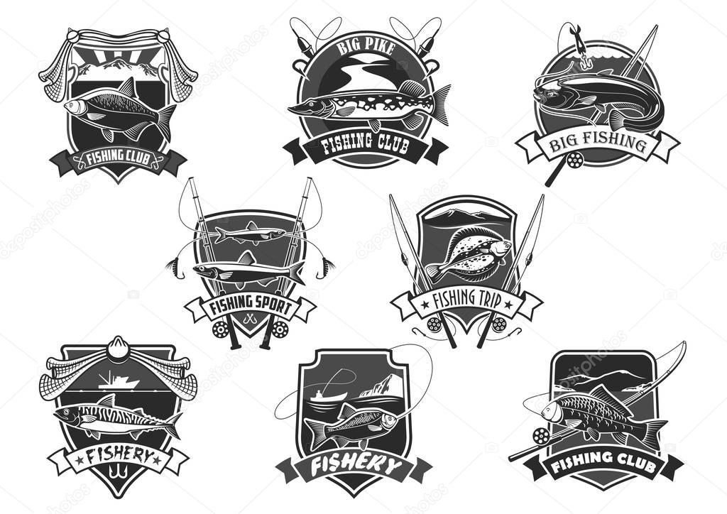 Fishing club icons set for fisher sport or trip. Vector isolated symbols of big fish catch and fisherman tackle of fishing rod, bait and lure or fishery net and flounder or salmon and trout on hook