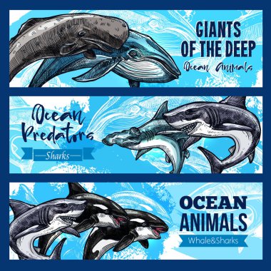 Büyük dev hayvanlar derin ocaen vektör afiş ayarla