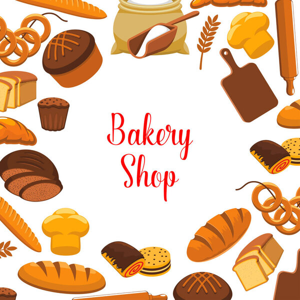 Bakery shop vector poster of baked bread