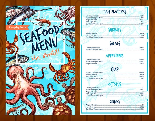 Vektor frische Meeresfrüchte und Fischgerichte Speisekarte Restaurant — Stockvektor