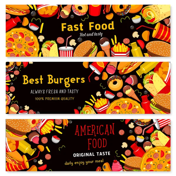 Fast food restaurante hambúrgueres vetor banners set — Vetor de Stock