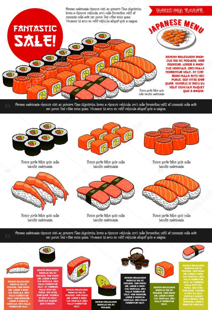 Sushi bar vector menu template of Japanese cuisine