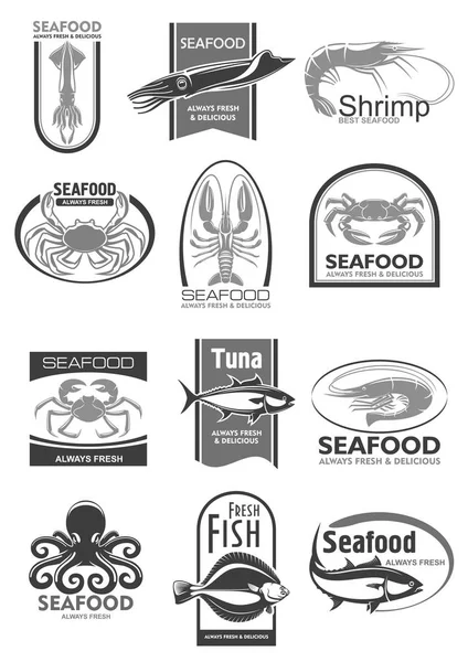 Ícones vetoriais para o mercado de frutos do mar ou restaurante de peixe — Vetor de Stock