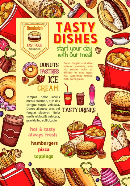 Fast food dishes and fastfood meals vector poster — Stock Illustration Fast food dishes and fastfood meals vector poster Vector Graphics