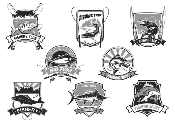 Vector icons set for fishing or fisher sport club — Stock Illustration Vector icons set for fishing or fisher sport club Stock Vector