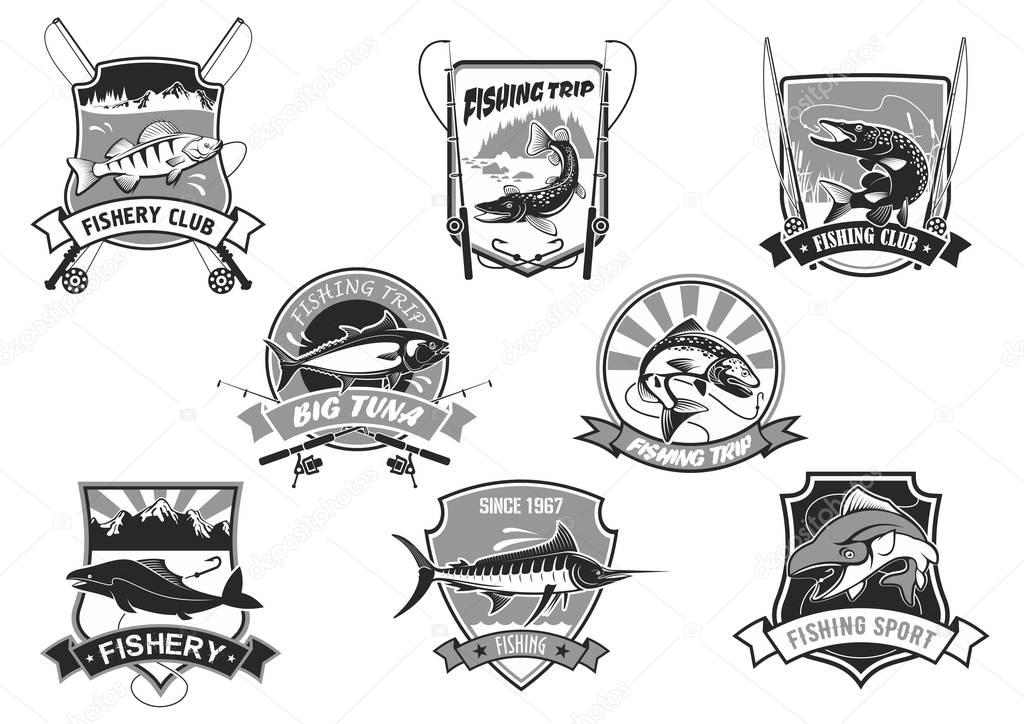 Fishing club or fishery trip icons set. Vector isolated symbols of big fish catch river perch and sea tuna or ocean marlin on hook, fishing rod and fisherman pike tackle, salmon or carp and mackerel
