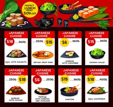 Japon mutfağı vektör menü fiyat kartları şablonu