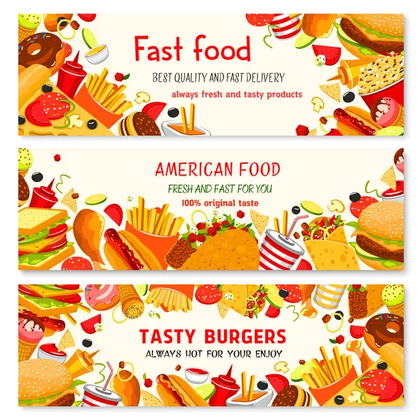 Bandiere vettoriali di fast food di snack pasto fastfood — Vettoriale Stock