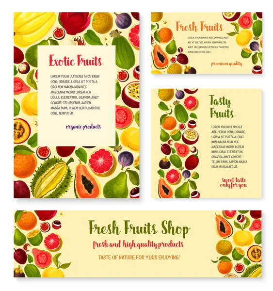Set di modelli vettoriali per negozio di frutta fresca esotica — Vettoriale Stock