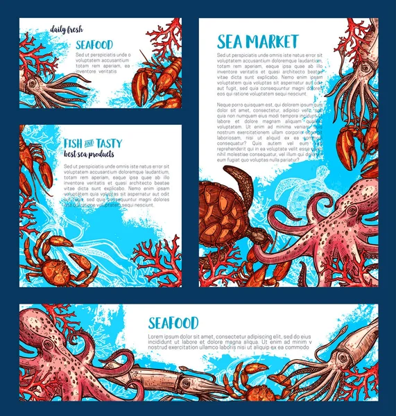 Διάνυσμα αφίσες ή πανό για αγορά θαλασσινών ψαριών — Διανυσματικό Αρχείο
