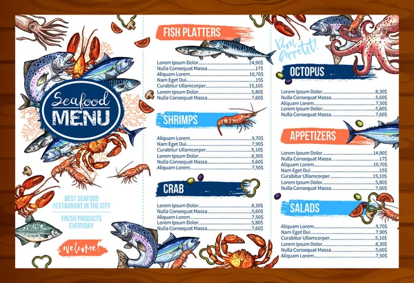 Menu vetorial para frutos do mar ou peixe restaurante de frutos do mar —  Vetores de Stock