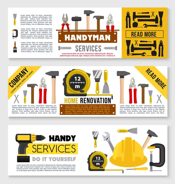 Conjunto de banner de reparación de casa ot herramientas de trabajo de construcción — Vector de stock