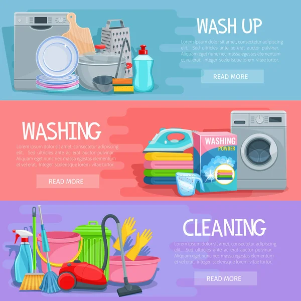 Vector banners for home cleaning and washing — Stock Vector