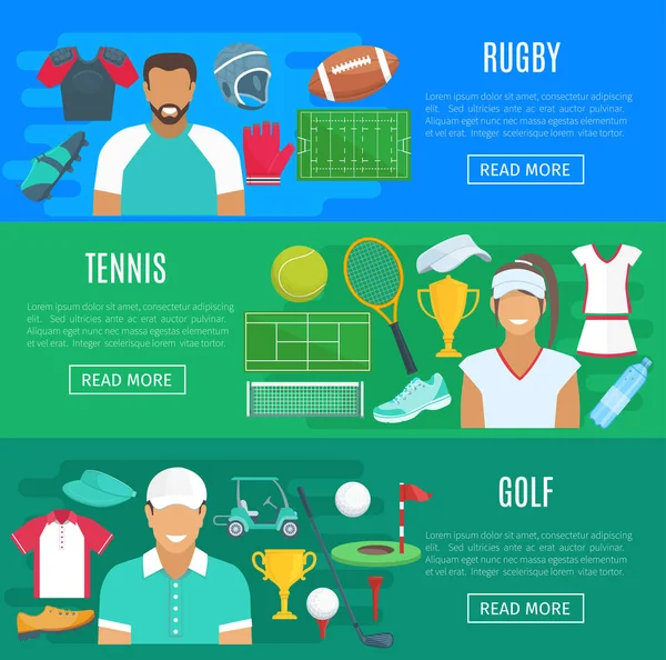 Bannières vectorielles pour le rugby, le tennis et le golf — Image vectorielle