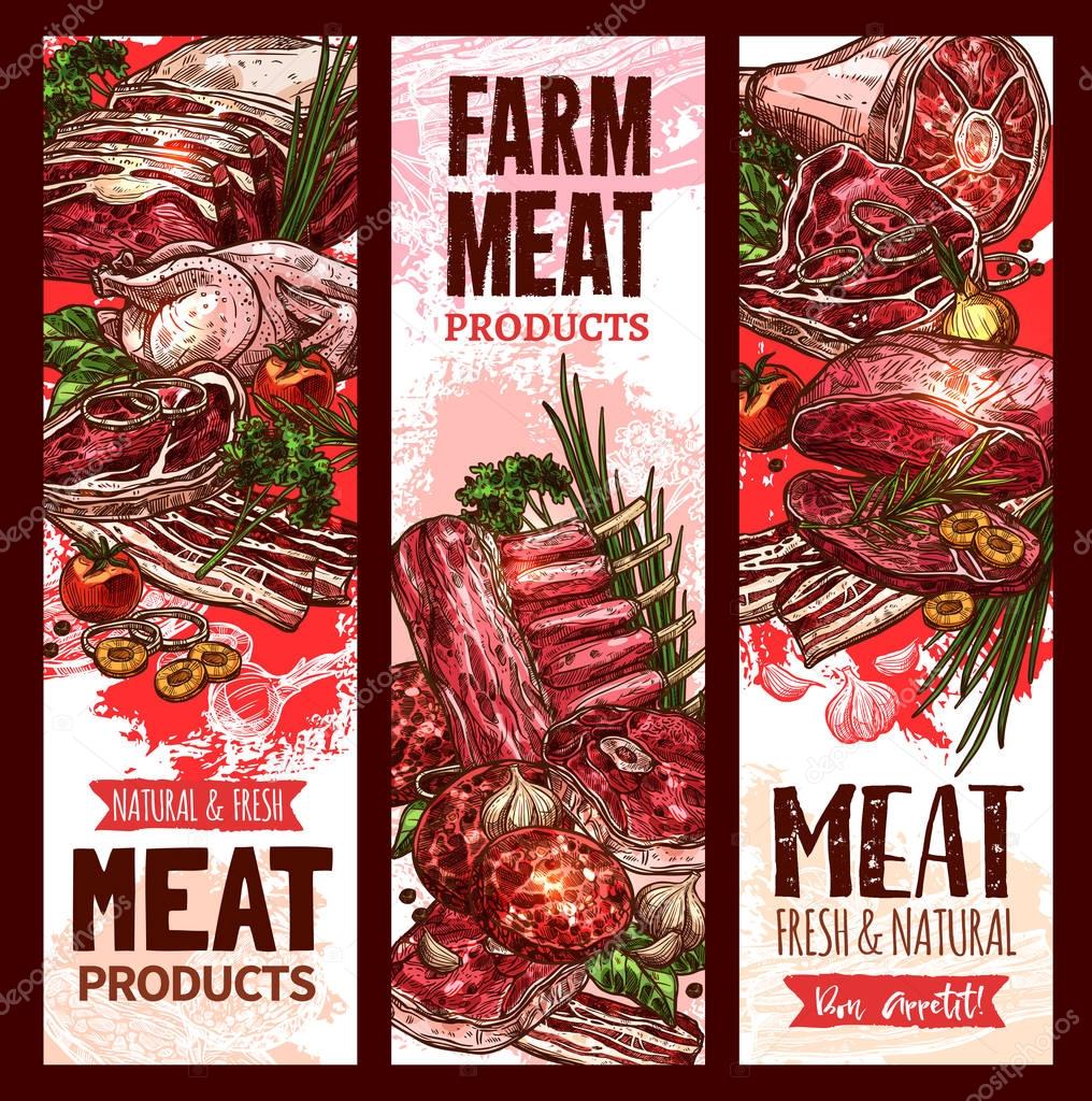 Vector raw fresh farm meat banners for butchery
