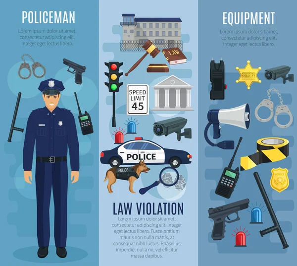 Policeman with equipment, law violation banner set — Stock Vector