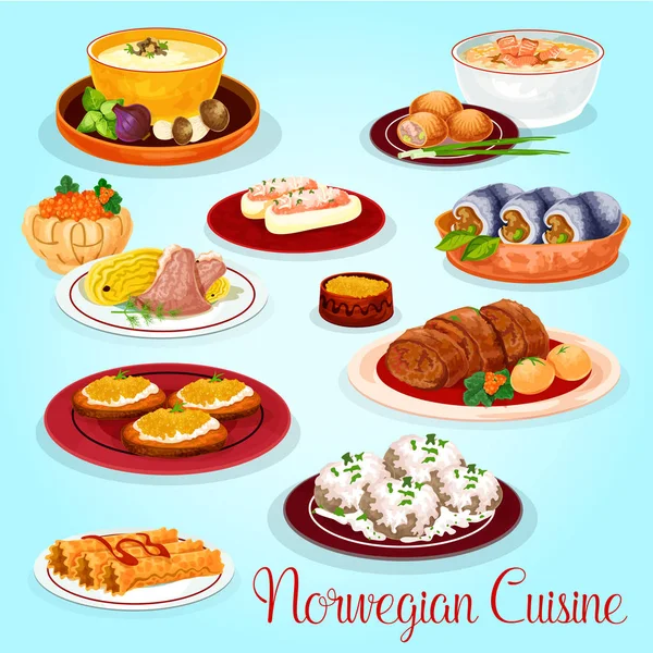 Norwegian cuisine dishes for lunch menu icon — Stock Vector