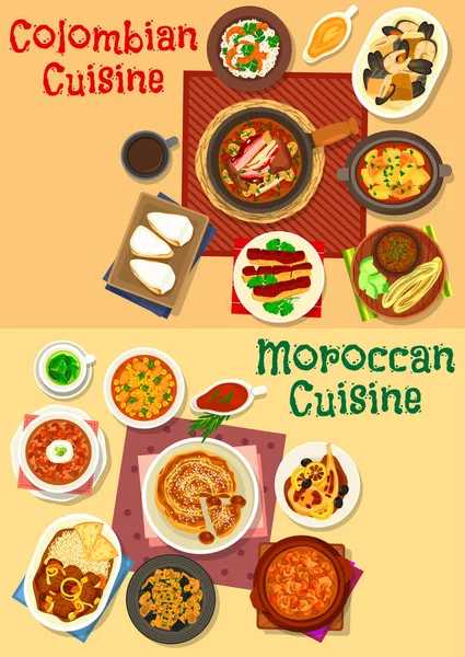 Diseño de conjunto de iconos de cocina colombiana y marroquí — Vector de stock