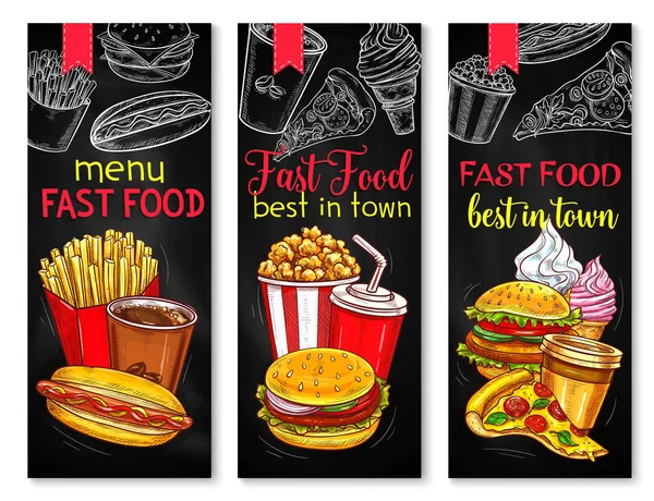 Banner de comida rápida con menú de pizarra — Vector de stock