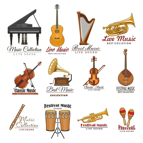 Musical instrument symbol set for music design — Stock Vector