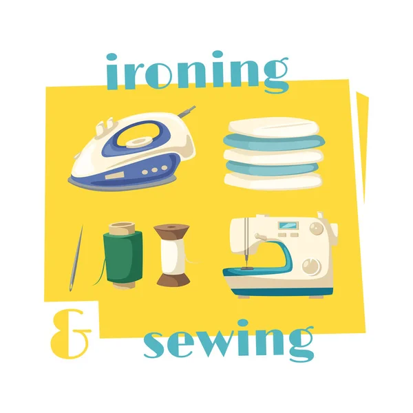 Ironing and sewing household chores cartoon icon — Stock Vector