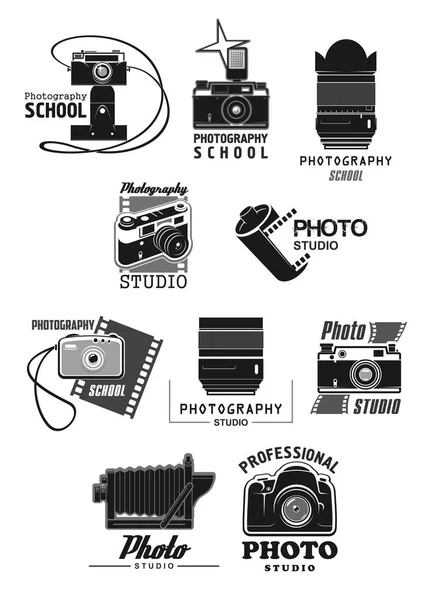 Ícone de estúdio de fotografia definido com câmera de foto — Vetor de Stock