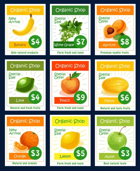 Set di etichette e targhette per frutta per la progettazione di negozi biologici — Vettoriale Stock