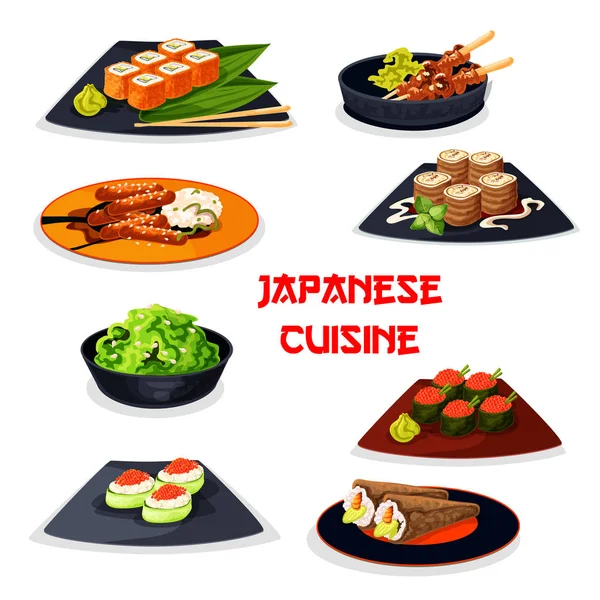 Japanese cuisine seafood sushi, meat dishes icon — Stock Vector