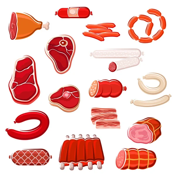 Frischfleisch- und Wurst-Symbolset für Lebensmitteldesign — Stockvektor