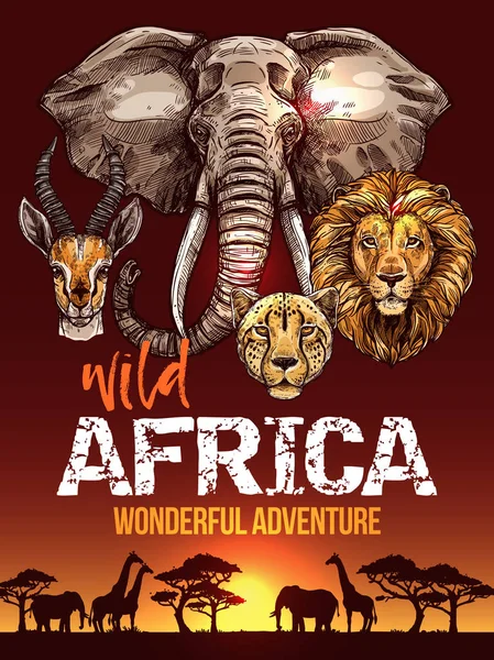 Cartel de safari africano con bocetos de animales salvajes — Archivo Imágenes Vectoriales