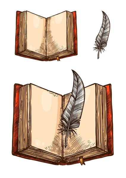 Открыть книгу с пустыми страницами и наброском пера — стоковый вектор