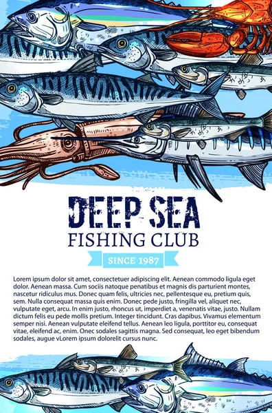 Знамя рыболовного клуба с набросками морепродуктов и рыбы — стоковый вектор